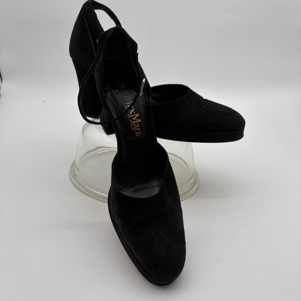 Max Mara Black Suede Ankle Strap Platform Pumps Block Heel Made in Italy y2k 8.5